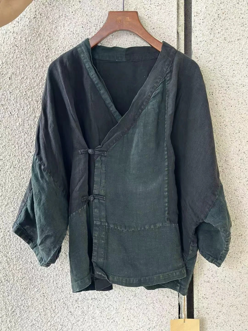 布衣纺推荐疯子张盘扣斜肩亚麻衫(90/150斤）