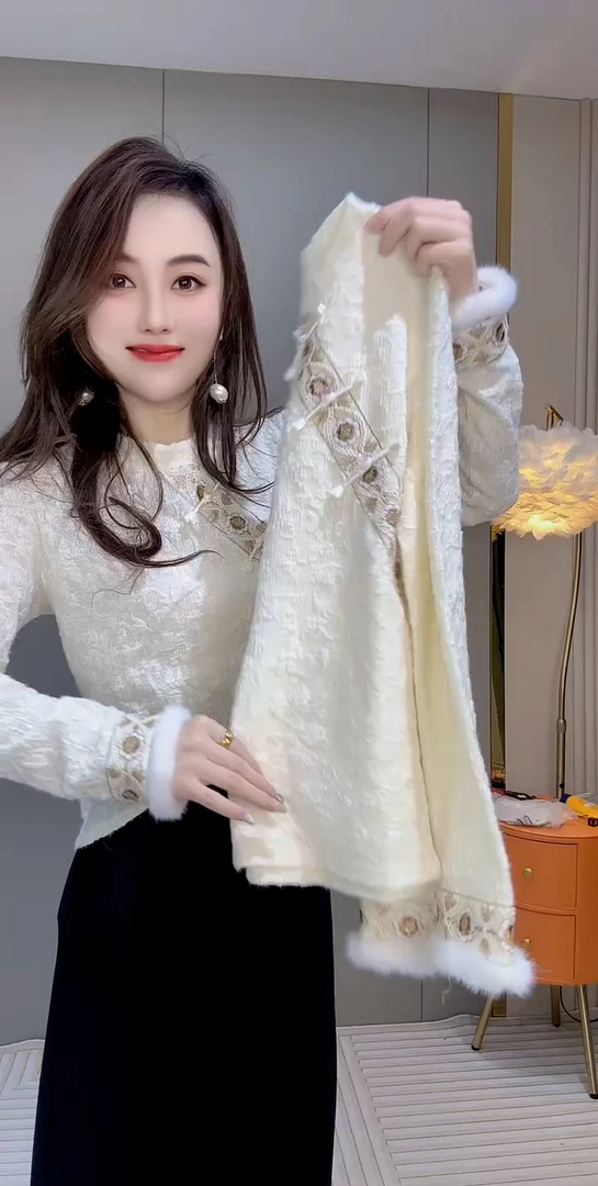 新中式提花加厚打底衫拼接毛袖冬季新款气质减龄显瘦长袖上衣女装