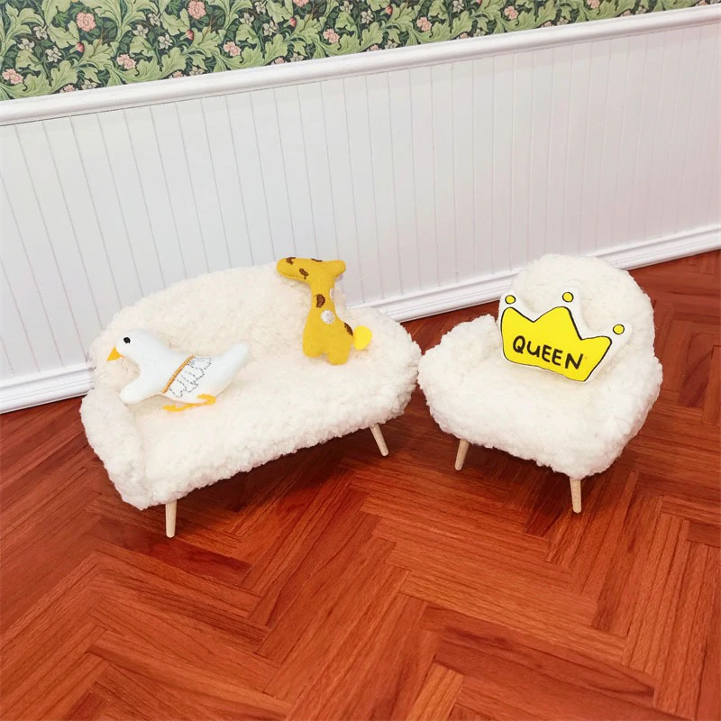 1:12娃屋ob11 微缩迷你木质小家具羊羔毛白色沙发单双人位送抱枕