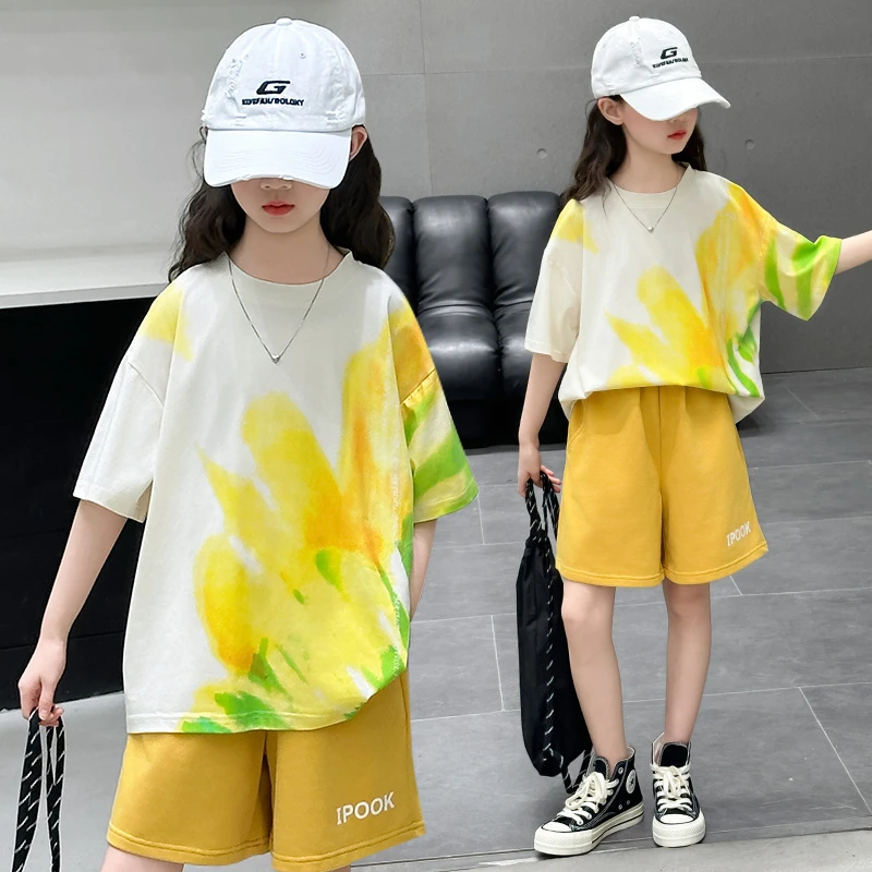女童夏季套装2025新款儿童夏天吊染上衣短裤夏装女孩大童衣服夏款