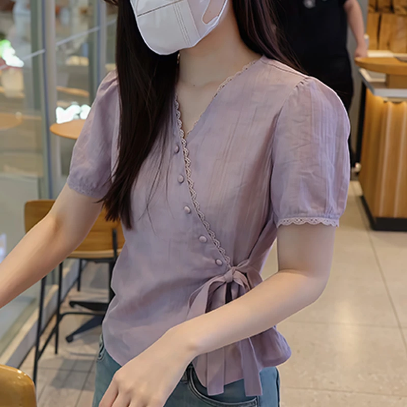 财阀千金女装短袖衬衫女2025年夏季新款设计感斜方扣收腰显瘦上衣