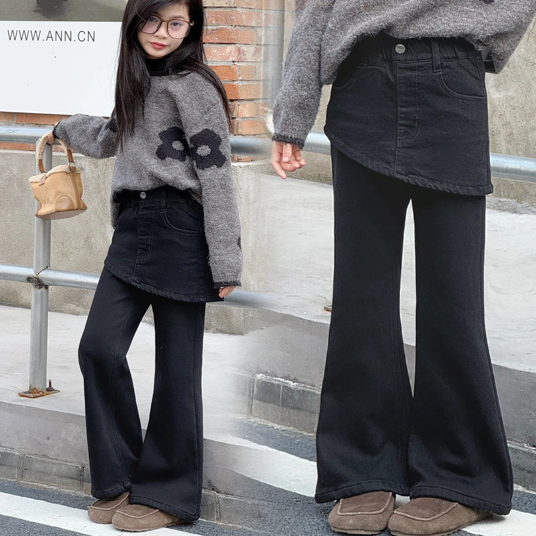 女童加绒裤子儿童黑色喇叭裤6-12岁大童韩系屁帘牛仔裤显瘦小黑裤