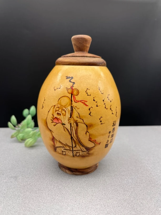 茶空间葫芦寿星公茶叶罐摆件手把件纯手工彩绘烫画大容量送礼佳品