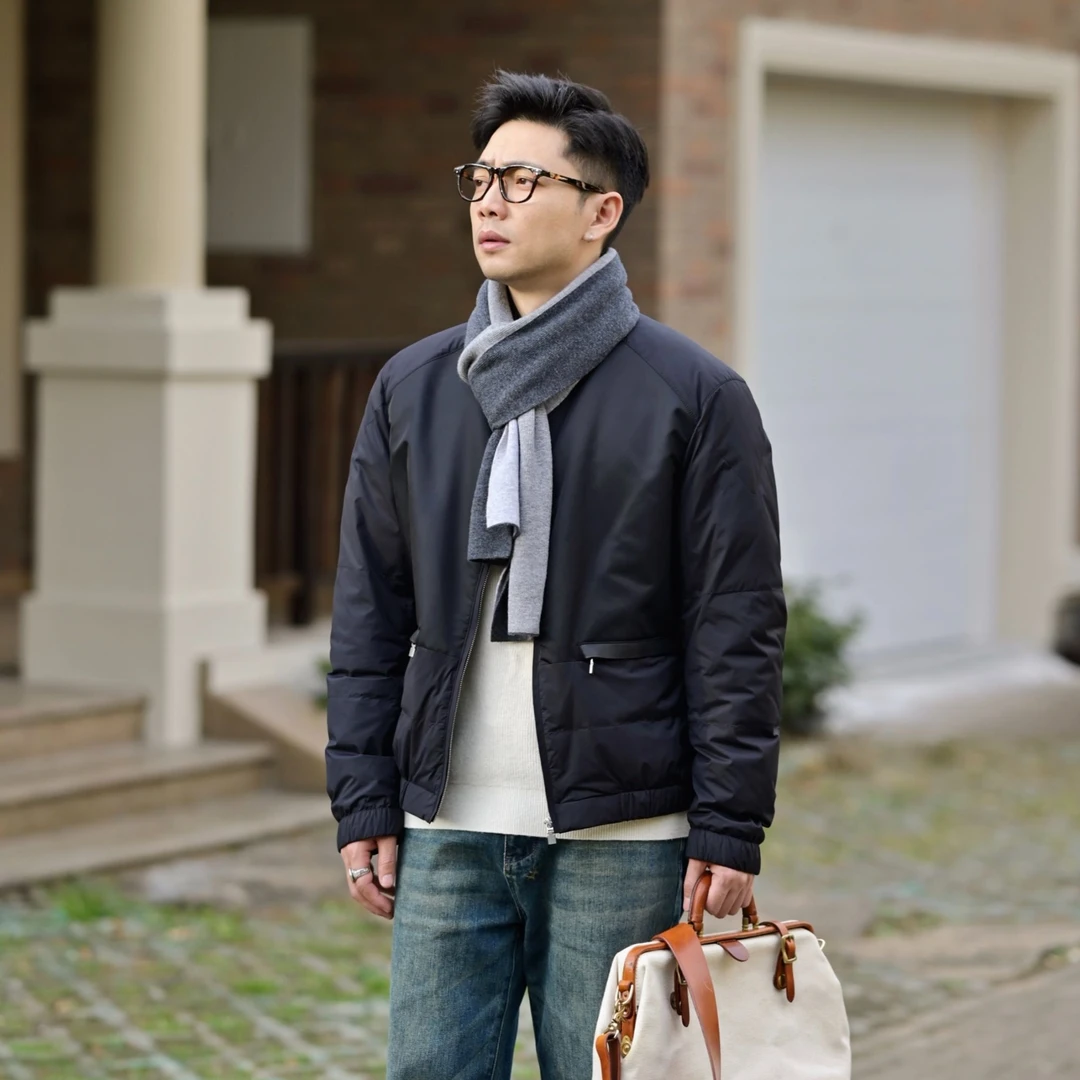 【华尔街】男白鹅绒桑蚕丝尼龙拼接商务轻薄立领羽绒夹克YSR857767