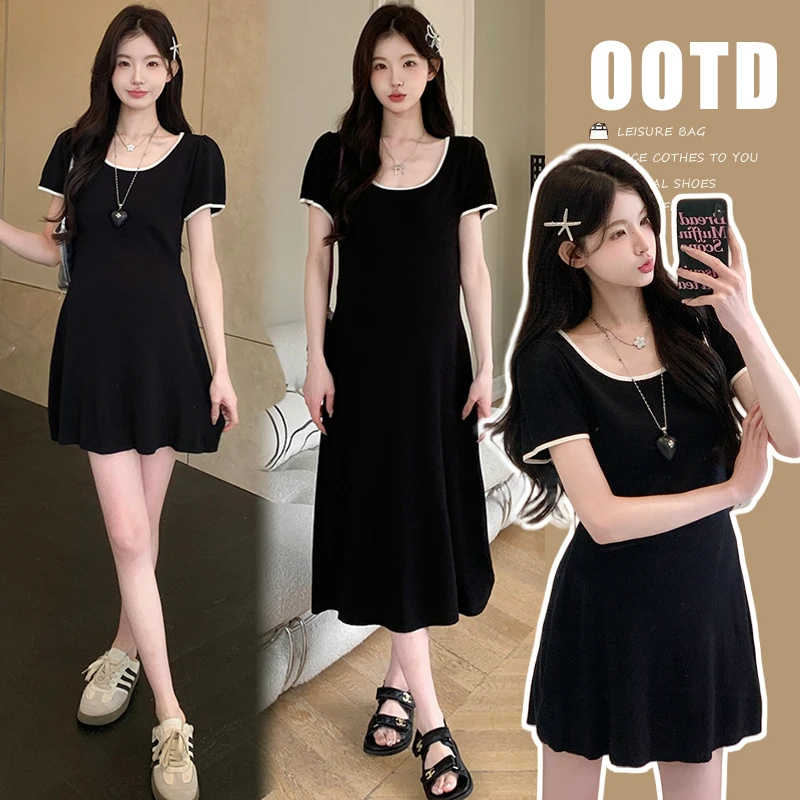 时尚气质孕妇2025夏装新品简约圆领小黑色长短款法式连衣裙