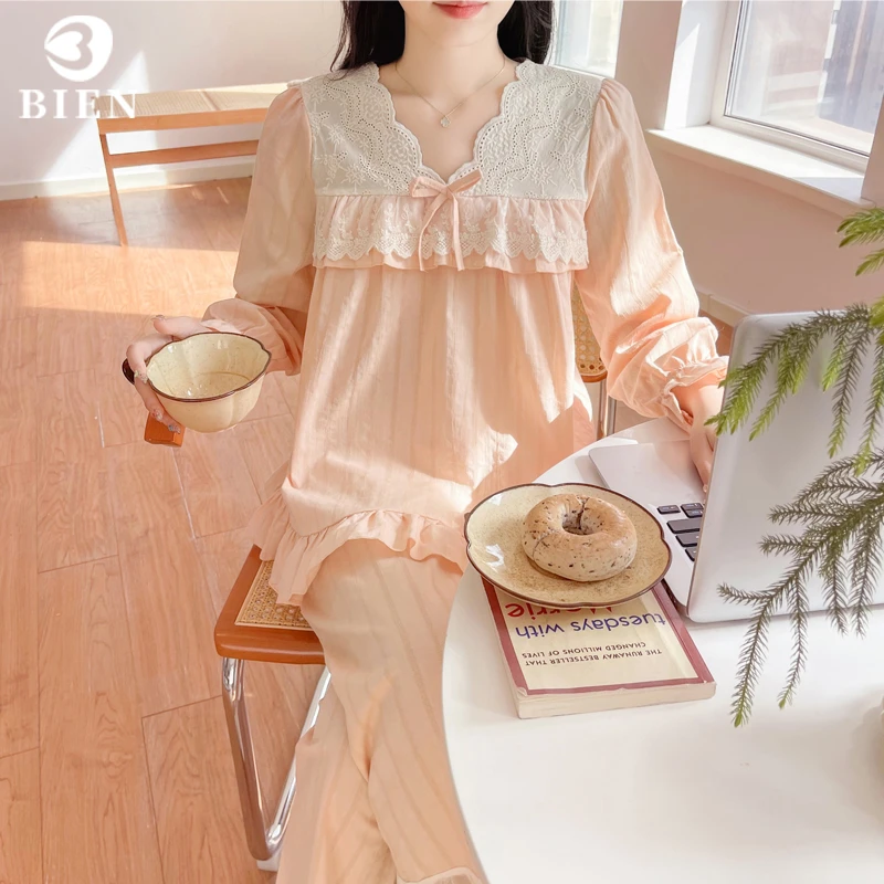 睡衣女春秋季甜美可爱公主风家居服宫廷套装纯棉花边全棉可外穿