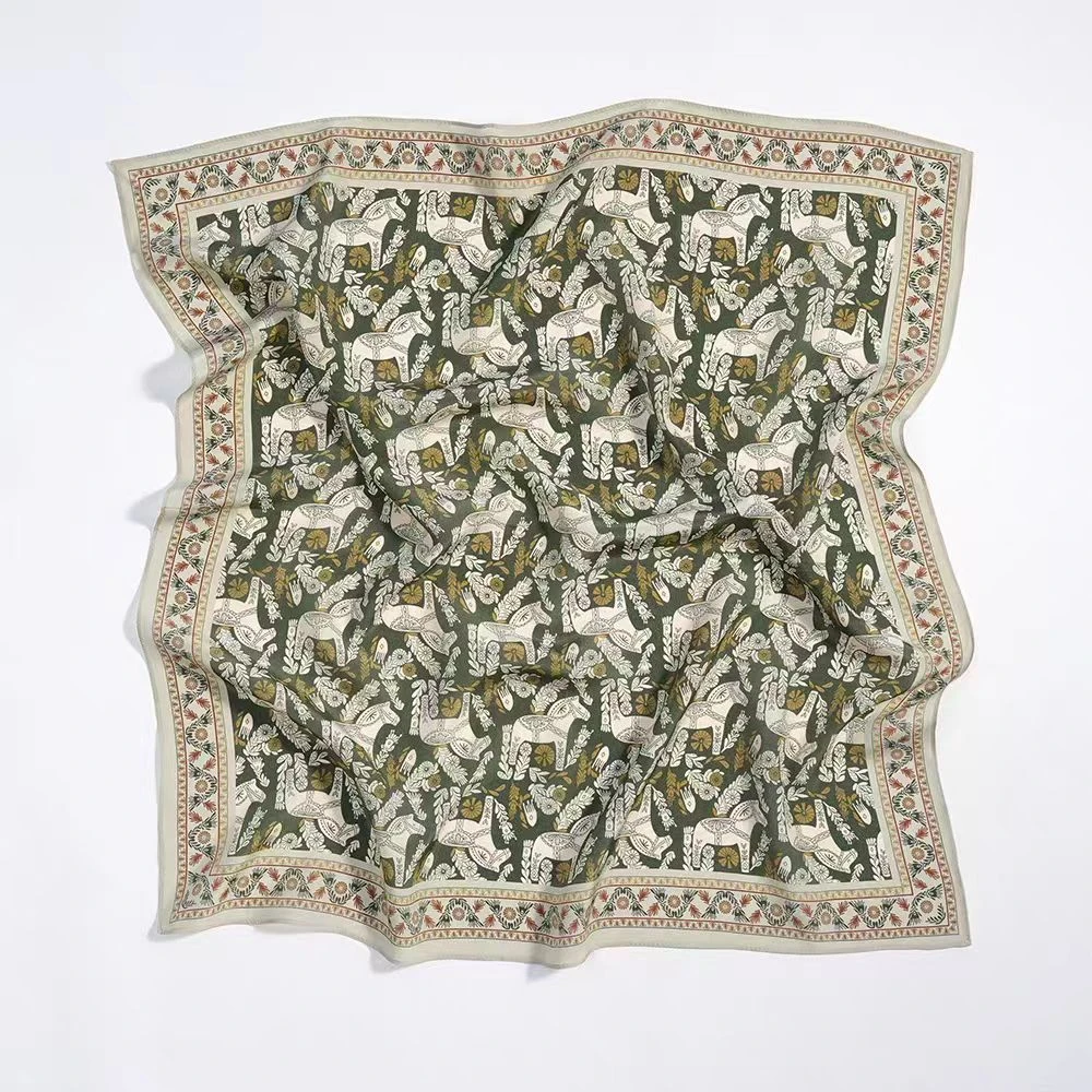 宫丽65cm方巾桑蚕丝双绉青花马驹轻薄透气女士真丝领巾夏秋绑包