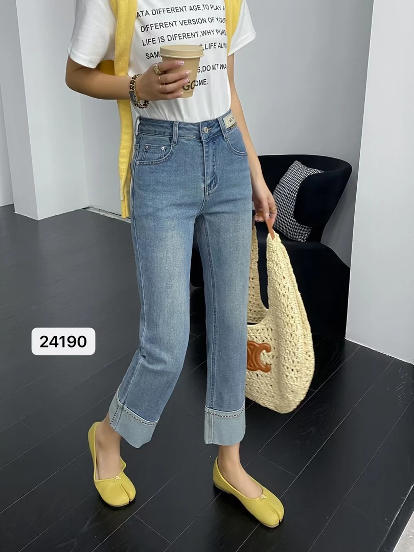 春秋高腰直筒拼接牛仔裤女韩版时尚九分裤百搭复古显瘦浅蓝烟管裤