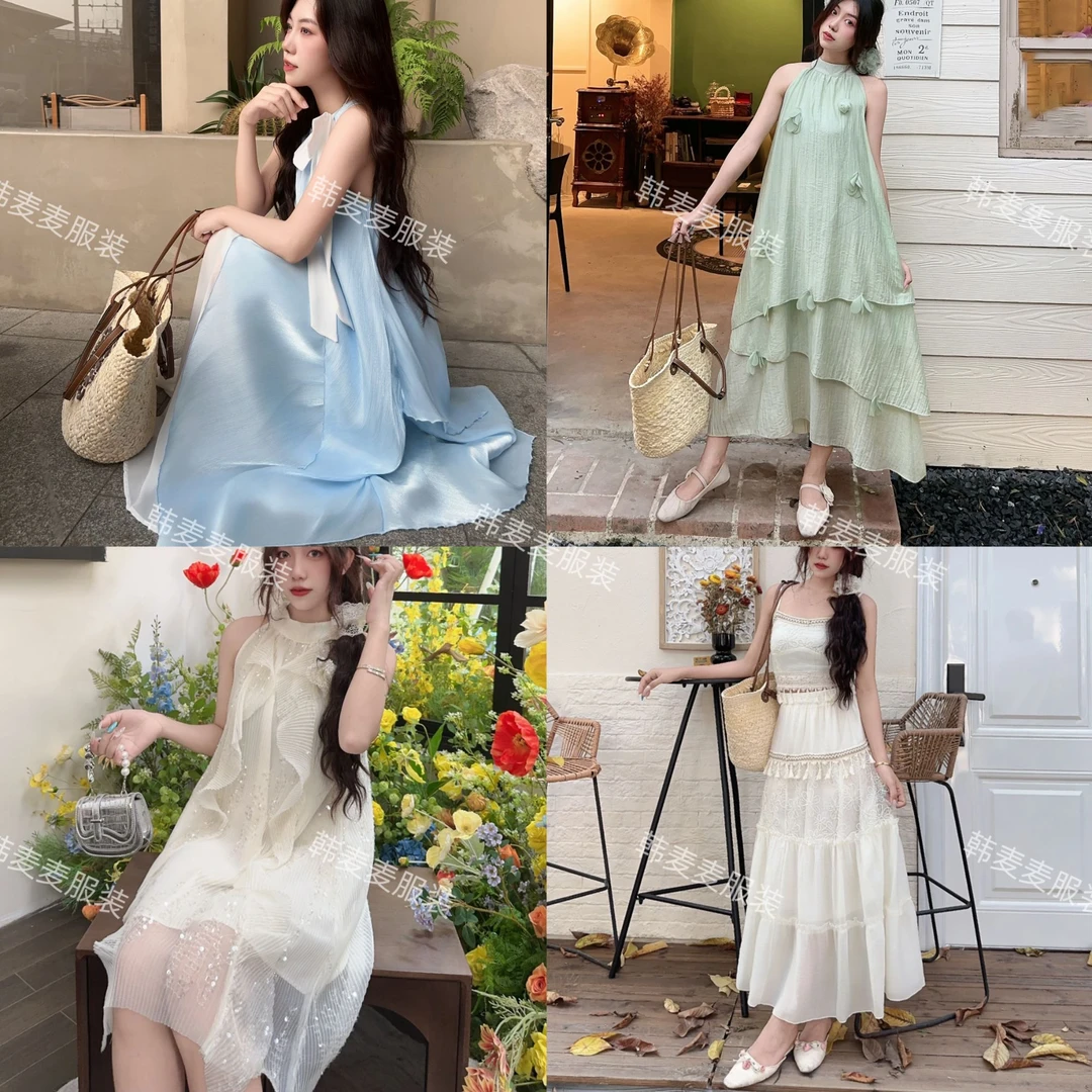 K301-K400/十三行春夏气质氛围感连衣裙女减龄显瘦吊带挂脖新款裙