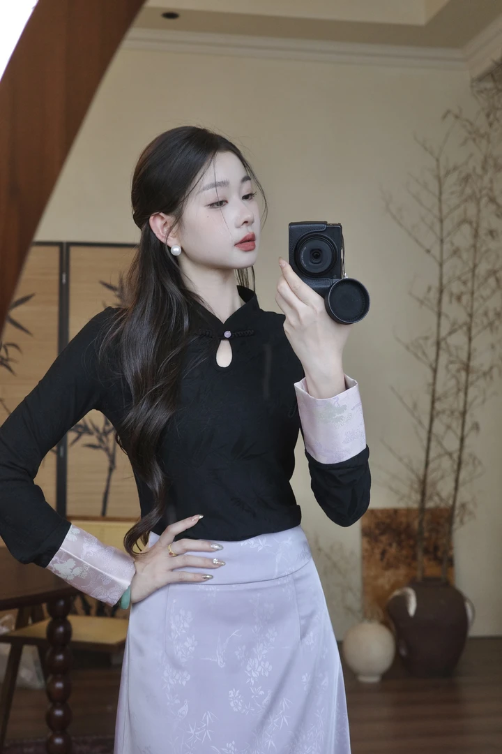 EIA一尧新中式国风【许妍穿搭】优雅知性提花上衣秋季露思黑色长袖