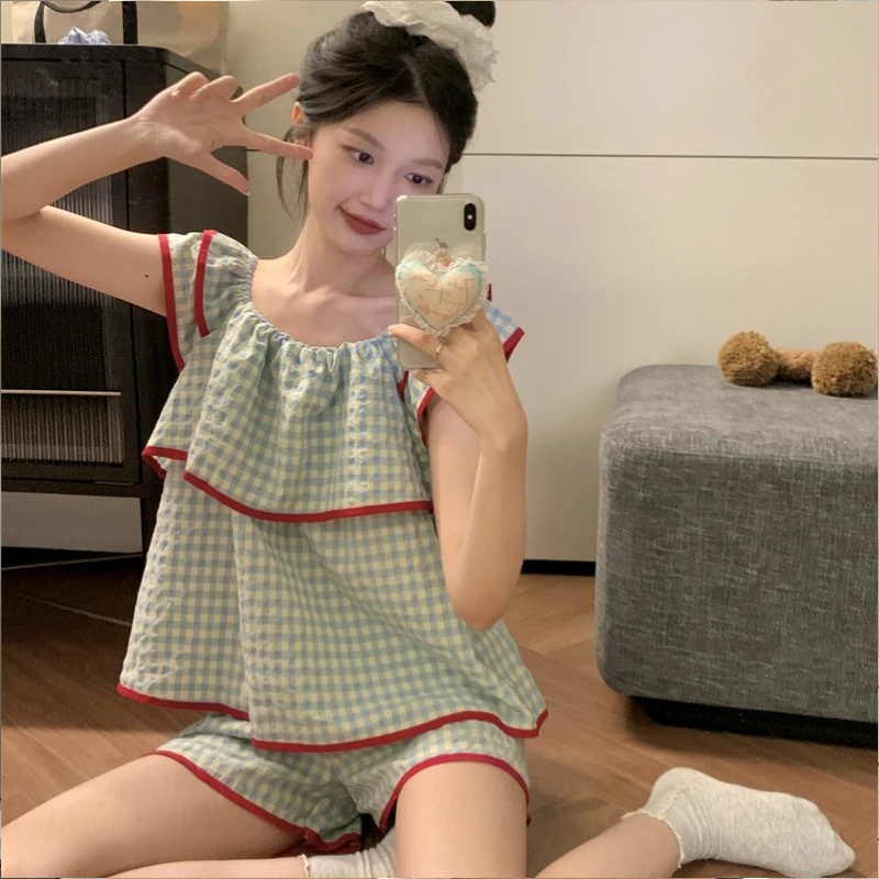 韩版ins撞色格子睡衣女夏季甜美简约网红短袖短裤宽松家居服套装