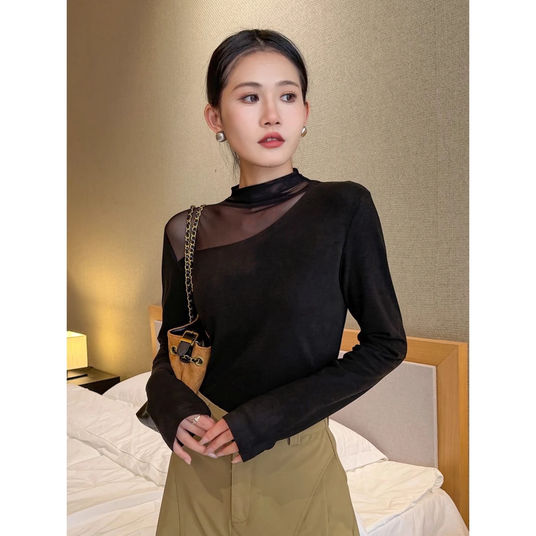 半高领网纱拼接黑色打底衫女2025新款秋冬磨毛长袖t恤高级感上衣