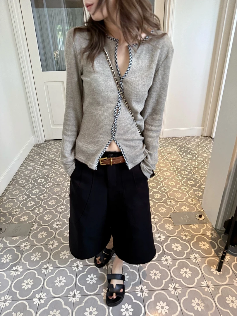 FCYSTUIDOHZJ解构主义门襟格纹扭结收腰显瘦针织打底衫长袖上衣