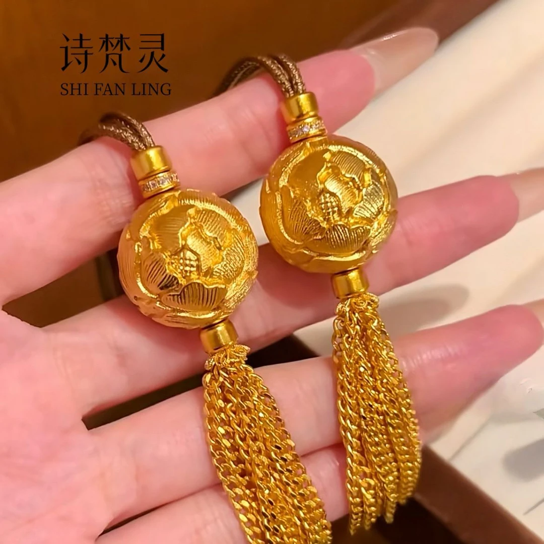 合金吊坠 镀金高保色牡丹花流苏吊坠古法牡丹花球编绳项链新中式