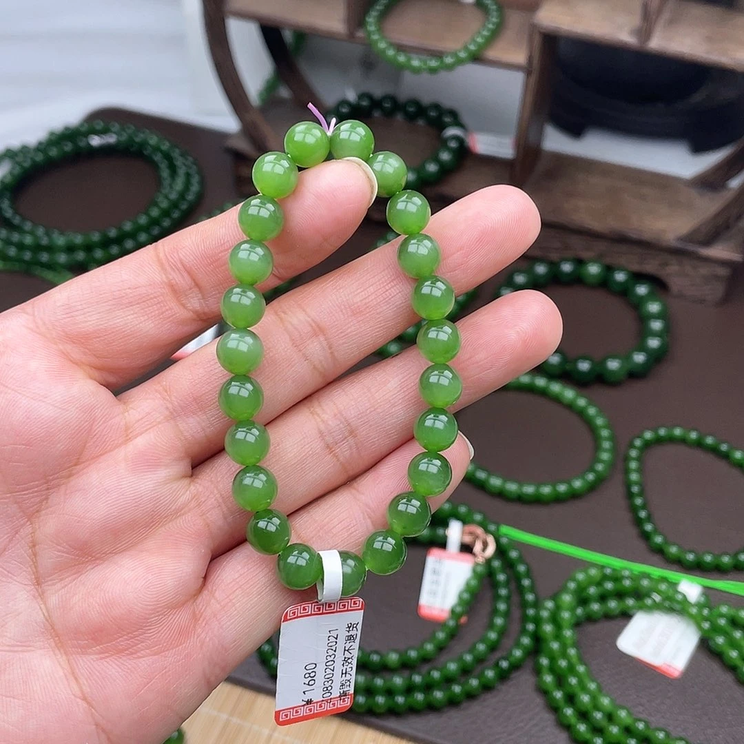 和田玉未镶嵌手链阳绿微猫眼胶质感卡7.8