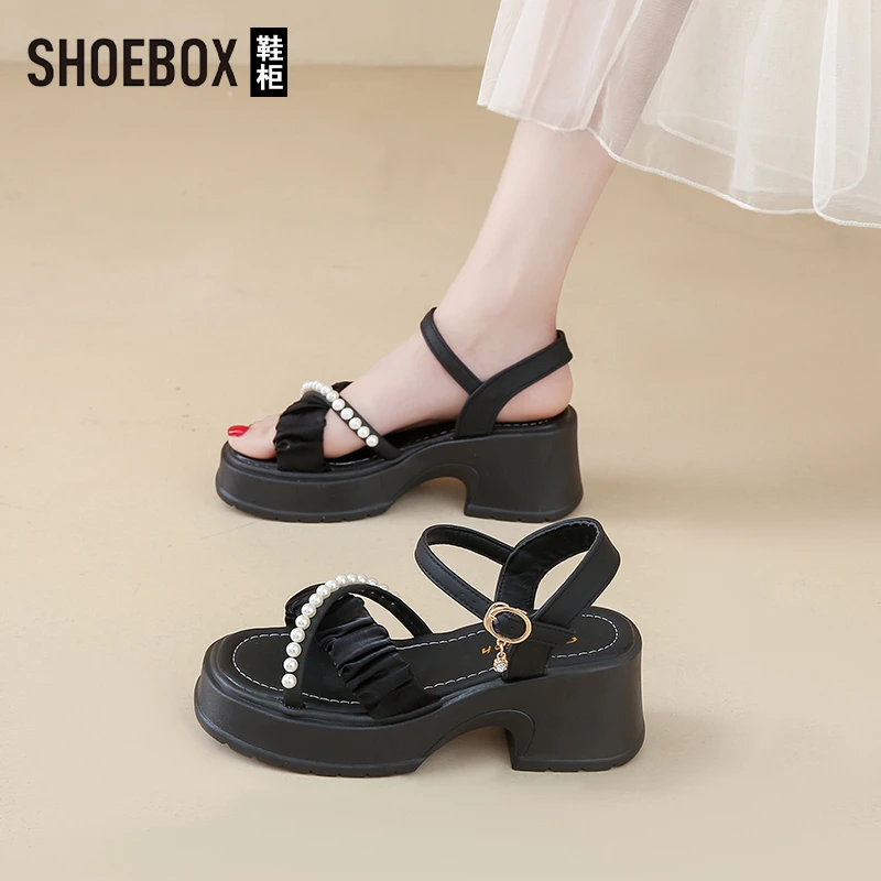 SHOEBOX鞋柜珍珠厚底凉鞋女夏2025新款外穿法式一字带坡跟高跟鞋