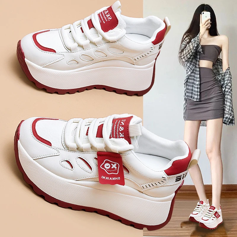 安可拉红厚底小个子老爹鞋2025春季新款时尚7CM增高休闲小白鞋女