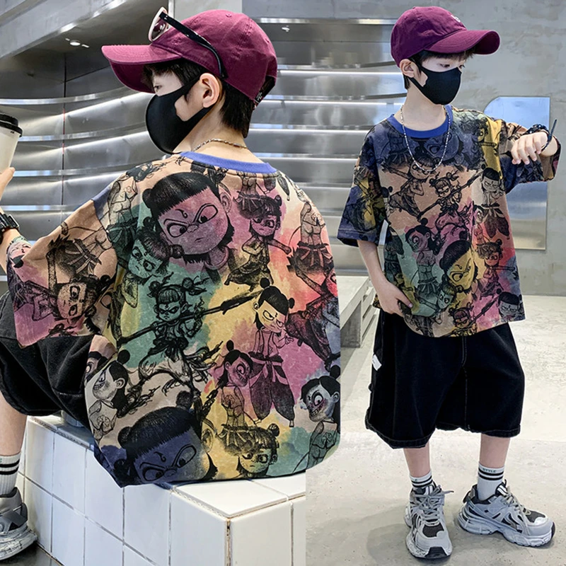 男女童短袖t恤纯棉夏装2025洋气哪吒帅气中大童半袖上衣夏季