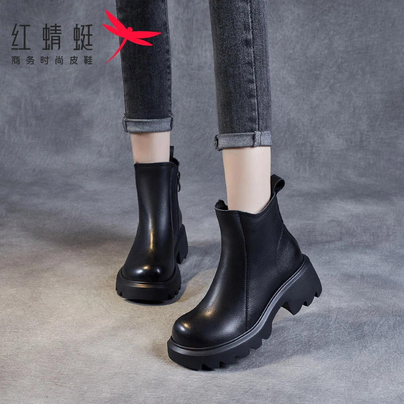 红蜻蜓厚底马丁靴女2025年新款冬季烟管靴子爆款小个子切尔西短靴