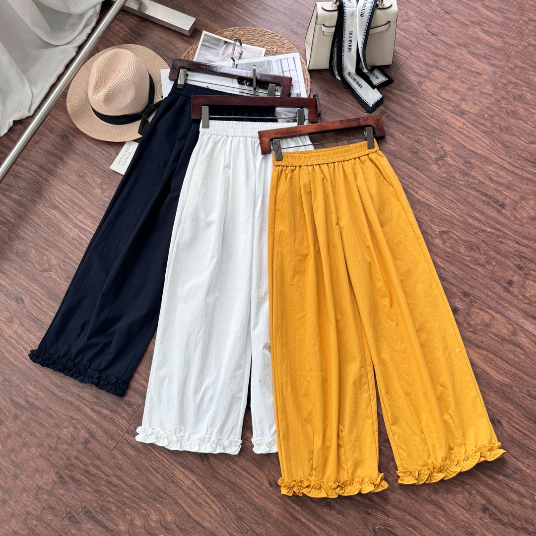 拼手速木耳花边裤松紧腰胖MM休闲裤小个子八分九分直筒花苞阔腿裤