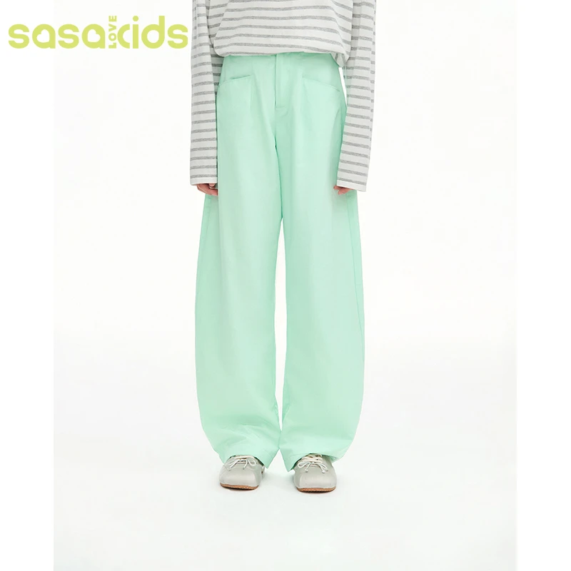 sasakids多巴胺时髦薄荷曼波绿抗皱棉休闲宽松显瘦弯刀裤女童