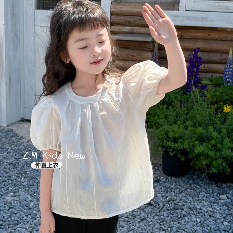 【仲夏】2025夏儿童小香风上衣米杏肌理感衬衫圆领女童半袖H-19507