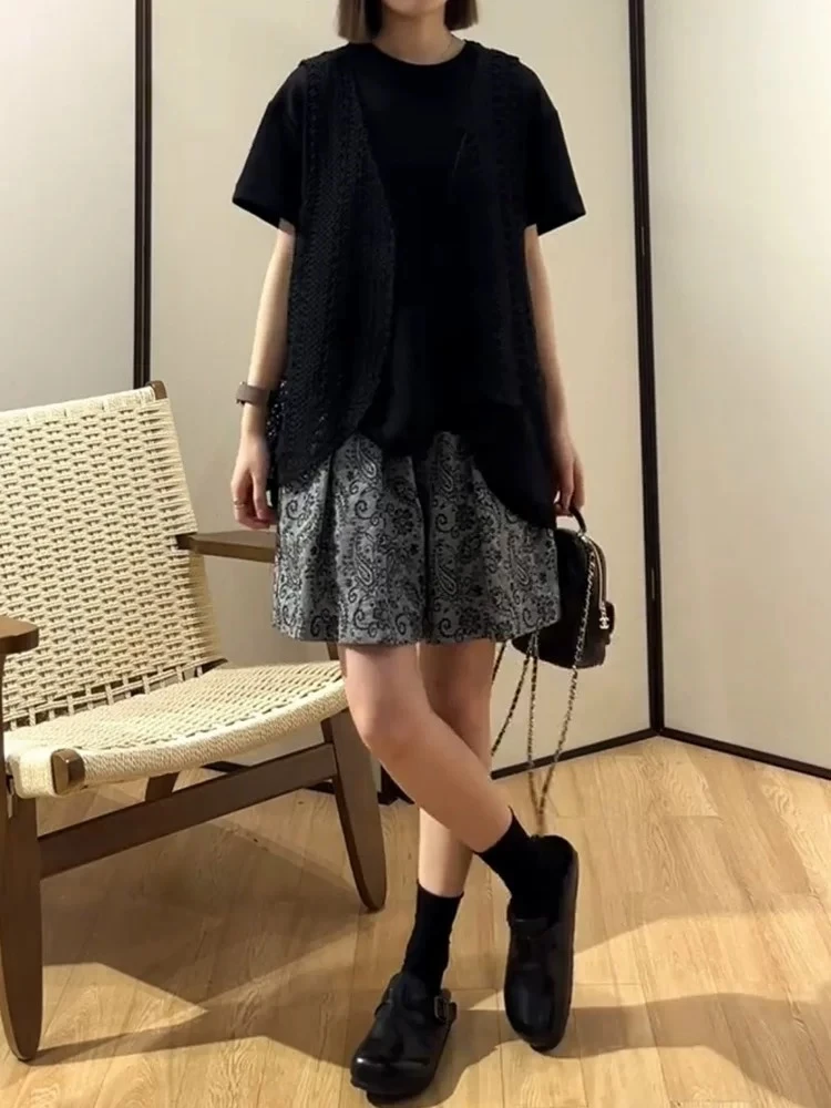 复古腰果花灰色休闲裤女夏季2025新款高腰气质绝美直筒短裤子薄款