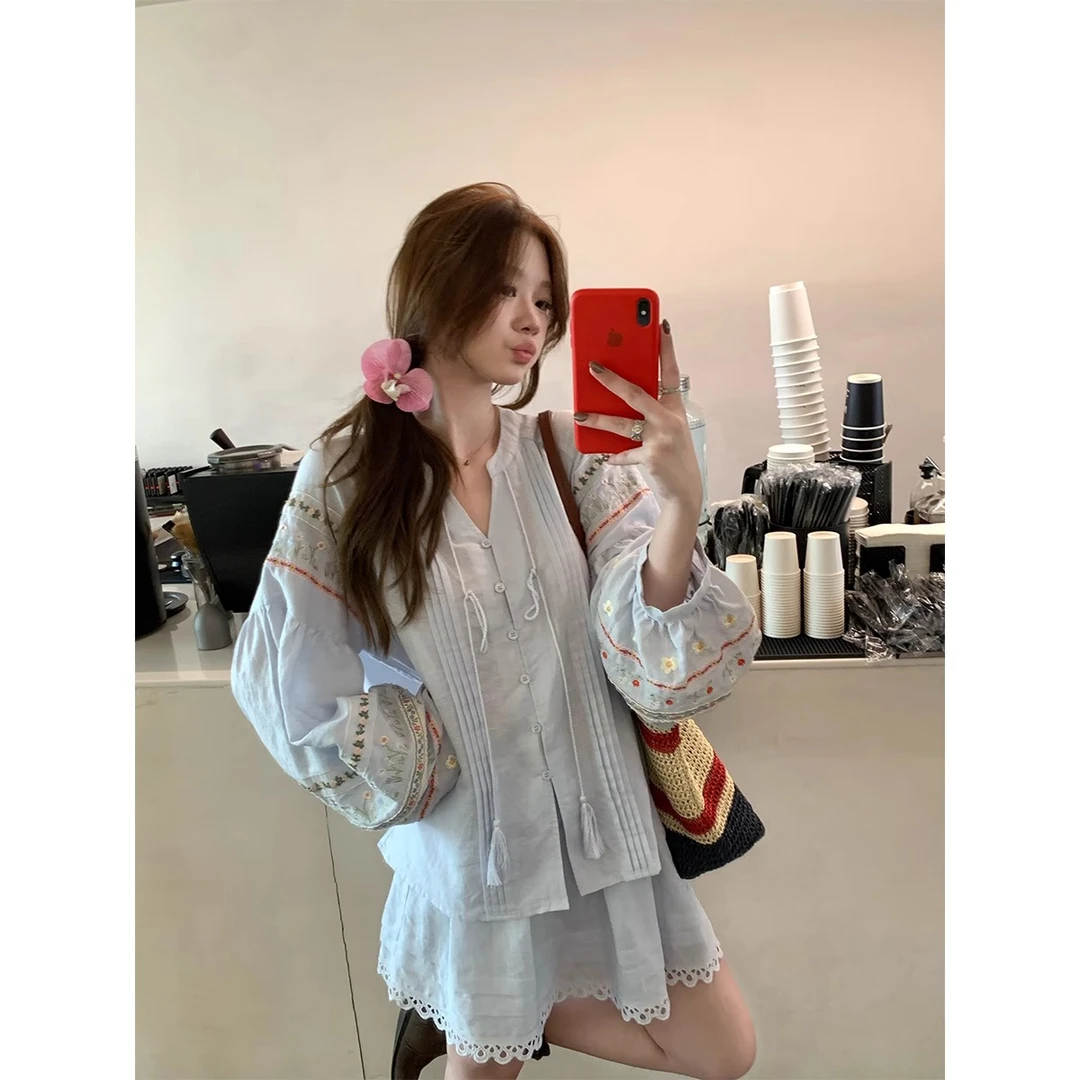 【清风拂面】高级感重工花朵刺绣娃娃衬衫+a字半裙套装女