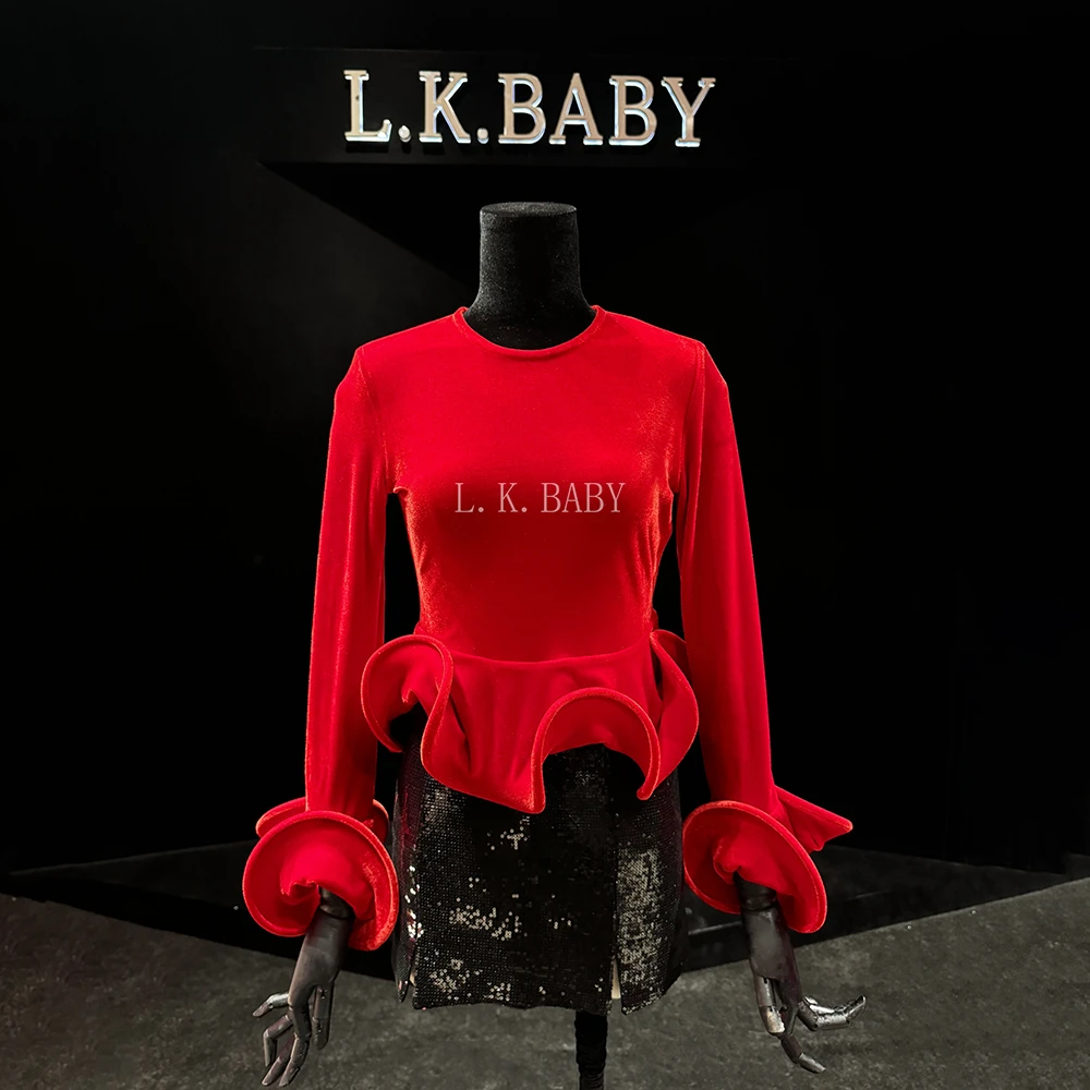 【L.K.BABY】含苞待放A 时尚氛围感新年红荷叶边喇叭袖显瘦丝绒长袖