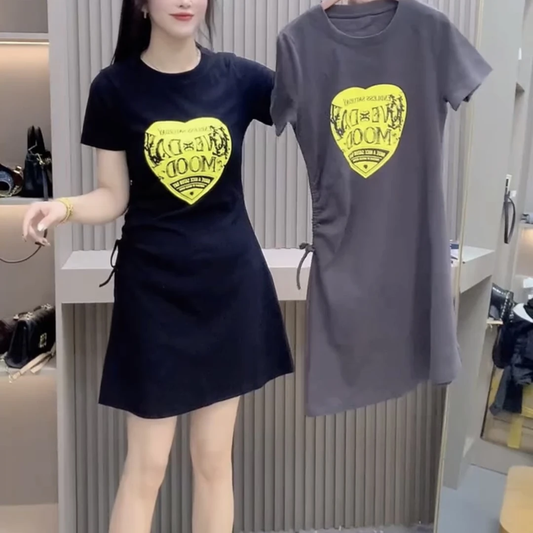 夏季新款抽绳收腰显瘦印花短袖连衣裙