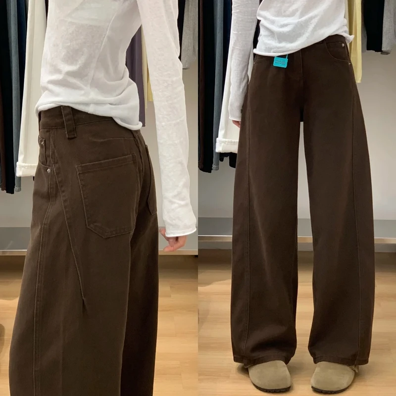 大码复古美式弯刀牛仔裤女秋季胖mm梨形身材高腰显瘦直筒阔腿裤子