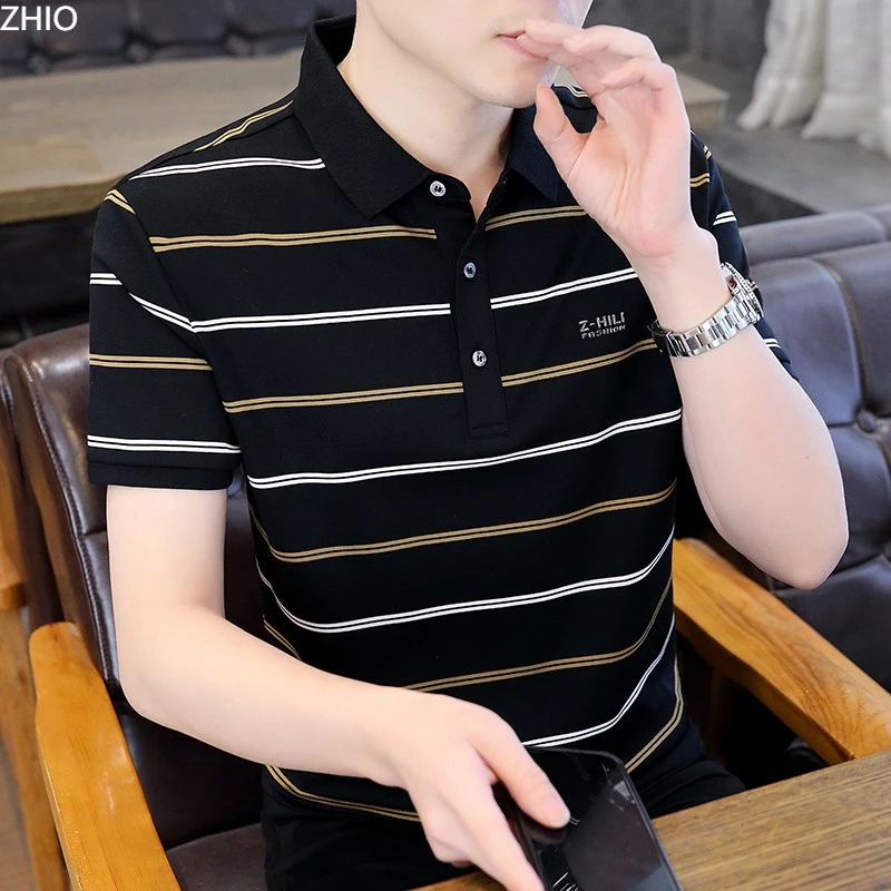 ZHIO珠地丝光棉男士polo衫夏季高端商务衬衫领短袖t恤条纹上衣服