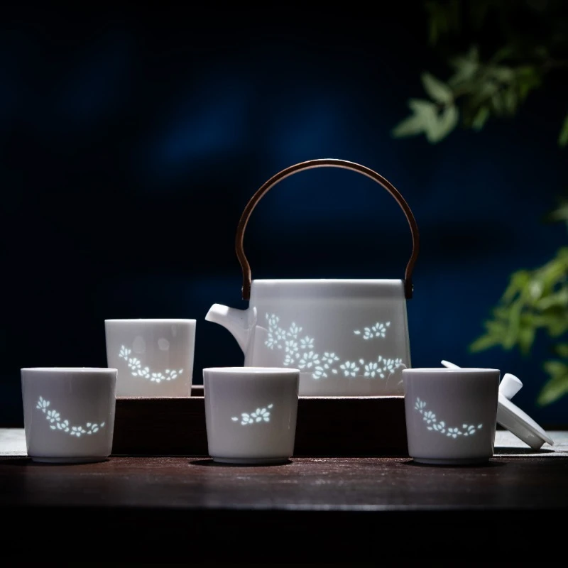 富玉【玉兰花】提梁壶水具一壶四杯壶550ml杯子100ml 白瓷高档礼盒