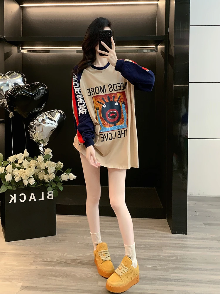 欧美复古炸街女装卡其拼接宽松洋气中长款t恤慵懒风吸汗卡通上衣