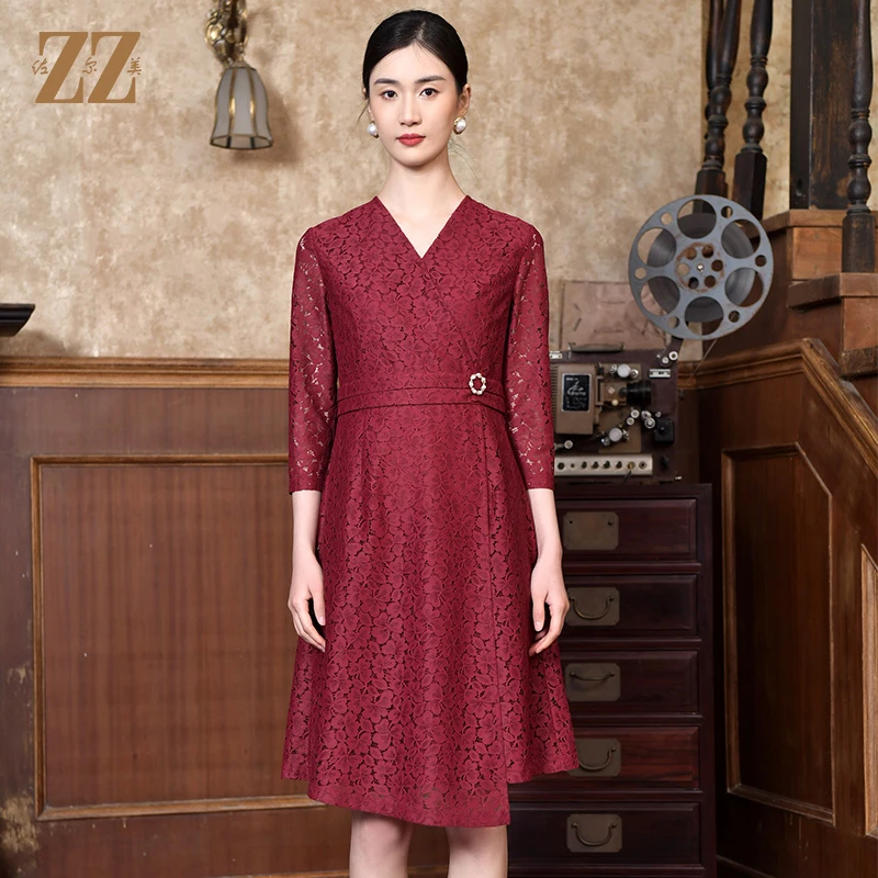 佐尔美春季新款中国风蕾丝气质收腰7分袖中长款连衣裙E21LL14