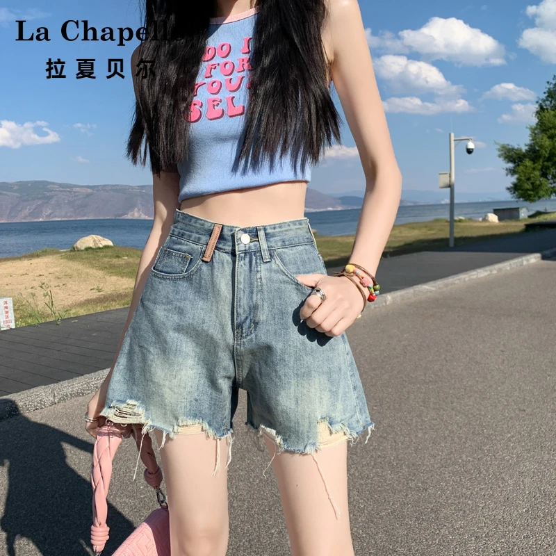 拉夏贝尔高腰显瘦刺绣牛仔短裤女夏天外穿辣妹破洞毛边a字热裤潮