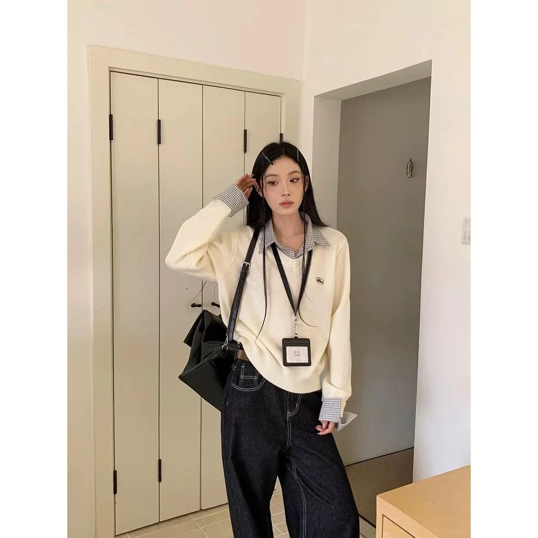 慵懒风假两件拼接格子针织上衣宽松百搭高级感套头毛衣