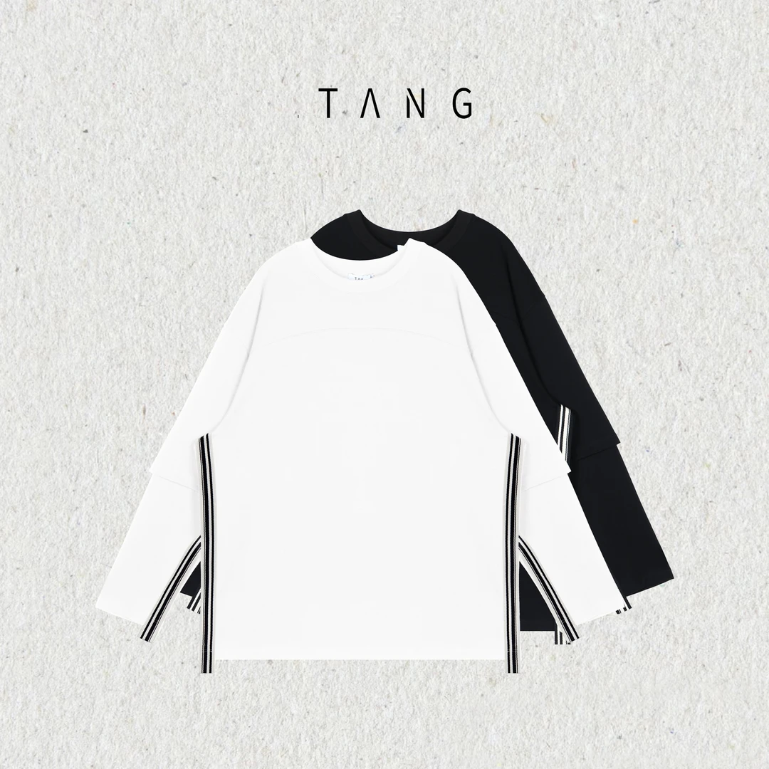 【TANG】[双素]叠袖织带T恤2025秋冬新款男休闲长袖上衣WW-T250116