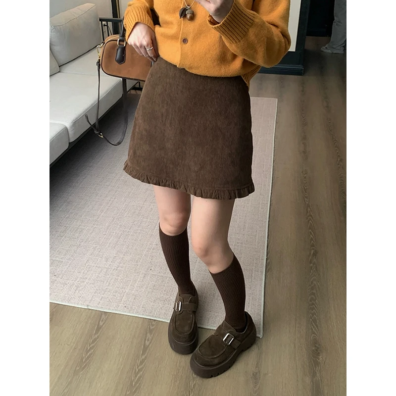 耶古美拉德棕色灯芯绒半身裙女秋冬新款高腰显瘦花边下摆a字短裙