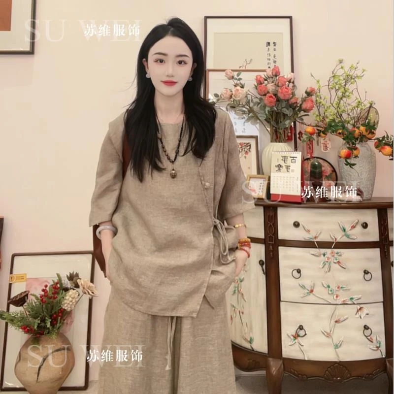 9019【黄金叶-茶服】气质金丝亚麻上衣短款中袖微喇袖舒适女