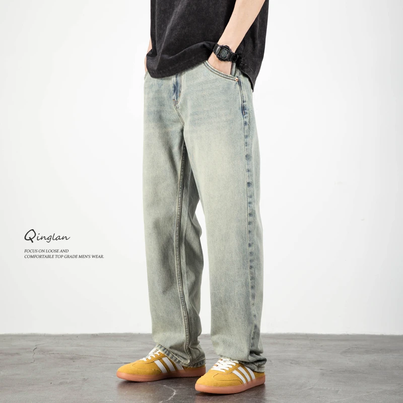 阔腿牛仔裤男直筒宽松美式休闲大码潮牌水洗浅色痞帅裤子春季新款