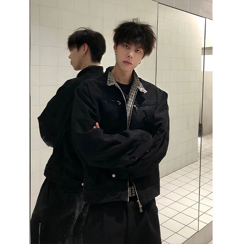 美式哈灵顿夹克男春秋短款boxy立领痞帅高级感千鸟格cleanfit外套
