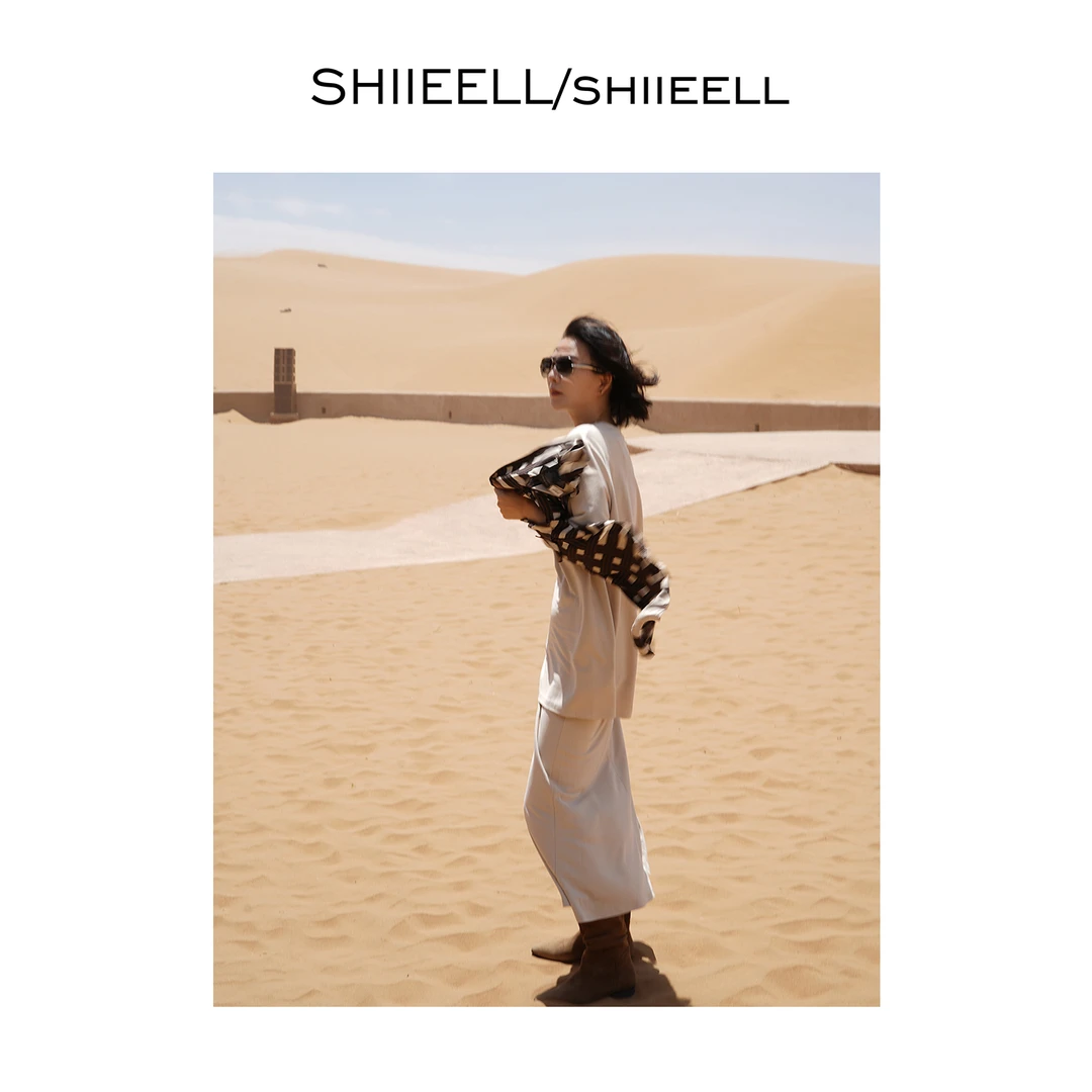 SHIIEELL夏季米色洋气休闲极简轻透软糯净色廓形短袖T裙套装WA051