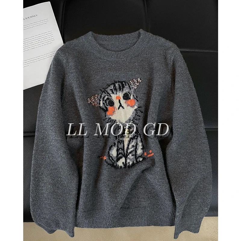 迷惑猫  长袖圆领针织衫女款秋冬季百搭宽松毛衣上衣YL-255413