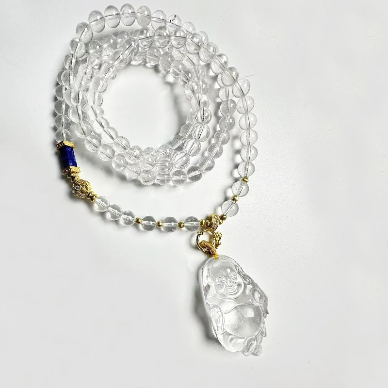 天然收藏级巴西白水晶弥勒佛吊坠大肚笑佛项链男女礼物