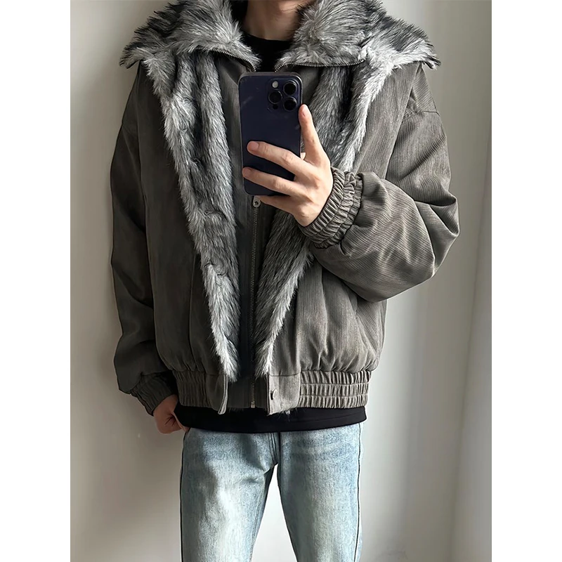 狼王双层毛领座山雕棉服男冬季加绒加厚保暖棉衣短款立领夹克外套