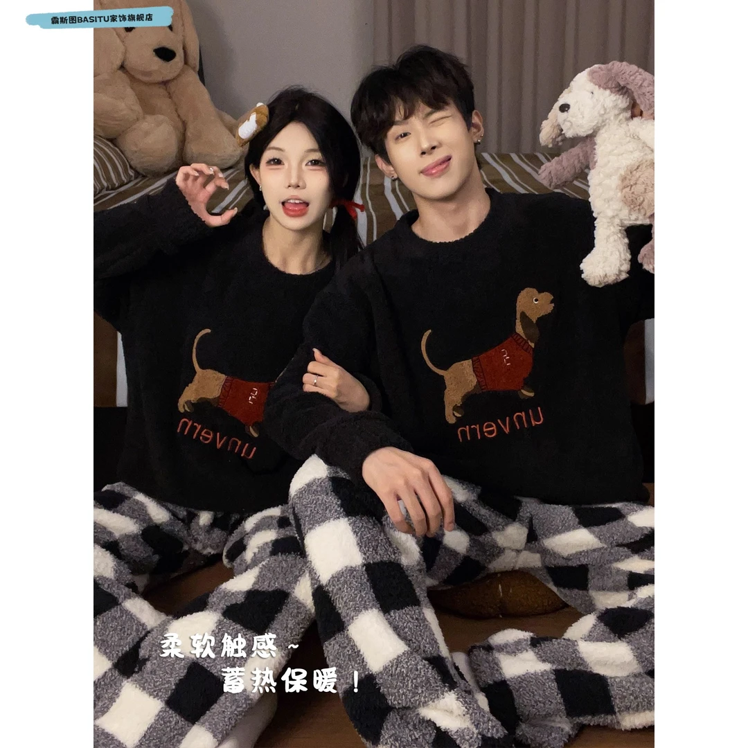 半边绒情侣睡衣女秋冬季天加厚加绒可爱套装男士珊瑚绒卡通家居服