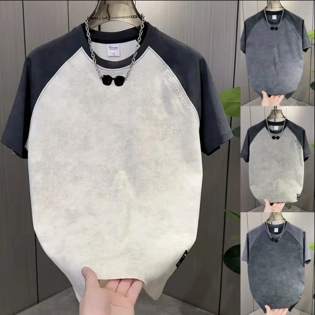 男士插肩袖拼色潮流简约扎染设计感时尚圆领短袖T恤夏季宽松半袖