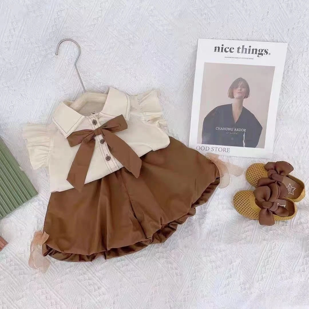 女宝学院风套装2025夏装新款洋气两件套飞袖上衣花苞裤韩版套装