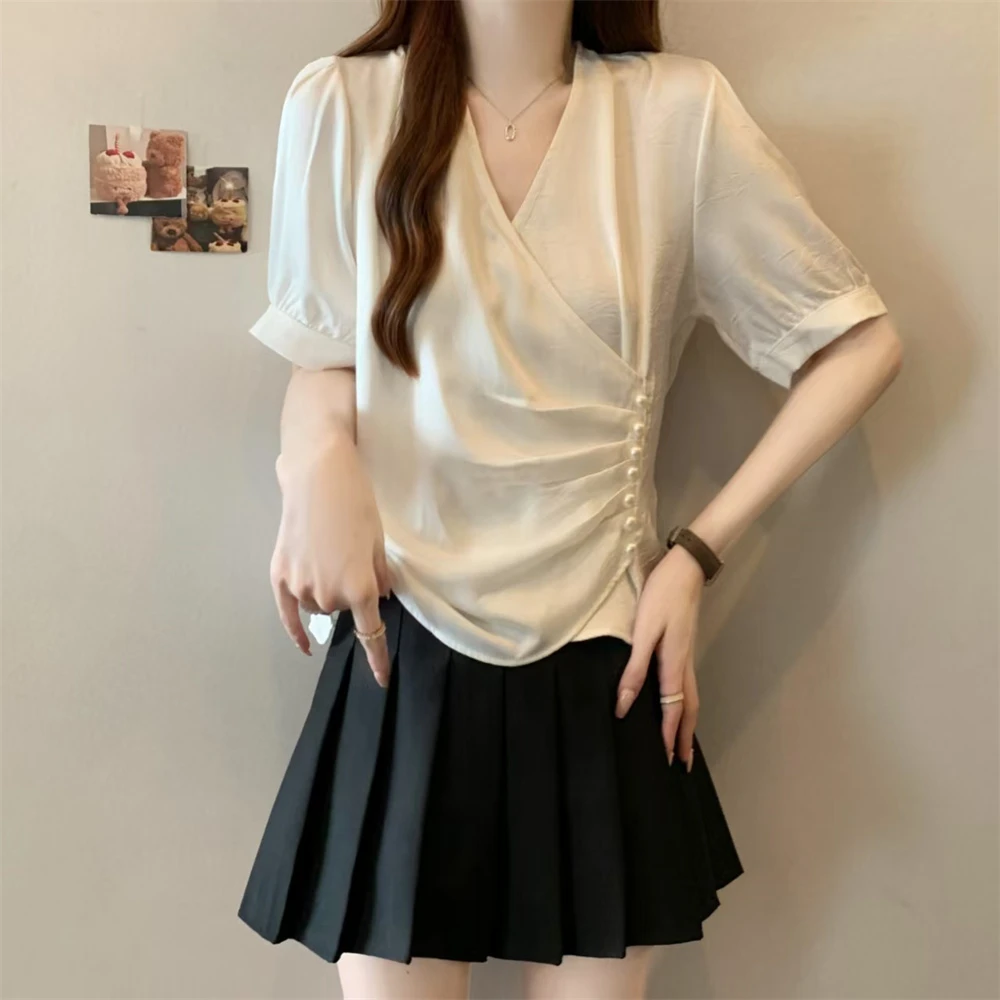 【小曹大码】韩版别致交叉V领衬衣减龄收腰显瘦上衣女-XLTX9201